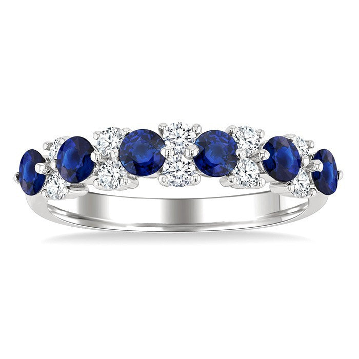 3 MM Sapphire and 1/3 Ctw Round Cut Diamond Precious Band in 14K White Gold