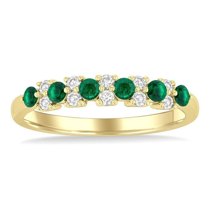 2.3 MM Emerald and 1/5 Ctw Round Cut Diamond Precious Band in 14K Yellow Gold