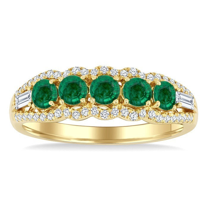 3.1 MM Round Emerald and 1/4 Ctw Baguette and Round Cut Diamond 5-Stone Precious Ring in 14K Yellow Gold