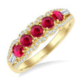 3.1 MM Round Ruby and 1/4 Ctw Baguette and Round Cut Diamond 5-Stone Precious Ring in 14K Yellow Gold