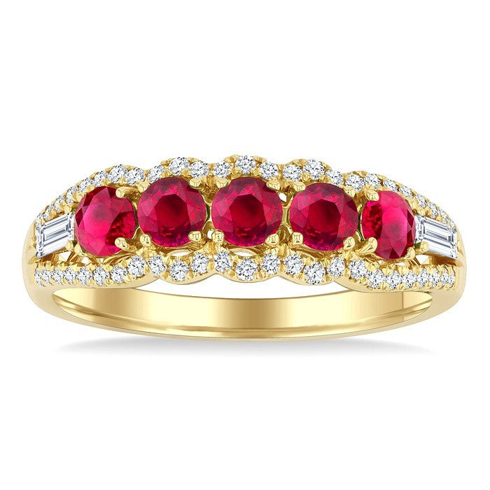 3.1 MM Round Ruby and 1/4 Ctw Baguette and Round Cut Diamond 5-Stone Precious Ring in 14K Yellow Gold