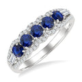 3.1 MM Round Sapphire and 1/4 Ctw Baguette and Round Cut Diamond 5-Stone Precious Ring in 14K White Gold