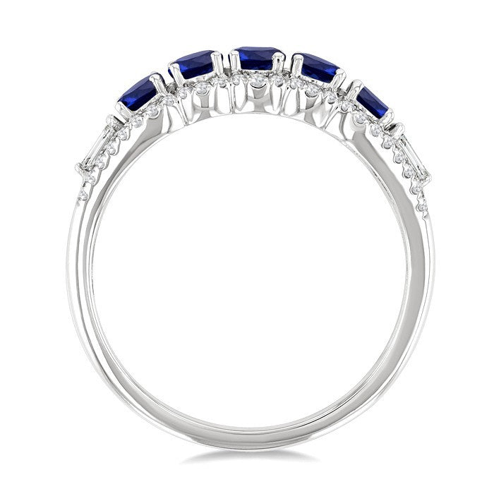 3.1 MM Round Sapphire and 1/4 Ctw Baguette and Round Cut Diamond 5-Stone Precious Ring in 14K White Gold