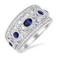 4x3 MM Oval, 2.8 MM and 2.4 MM Round Cut Sapphire and 3/8 Ctw Criss Cross Framework Round Cut Diamond Precious Band in 14K White Gold