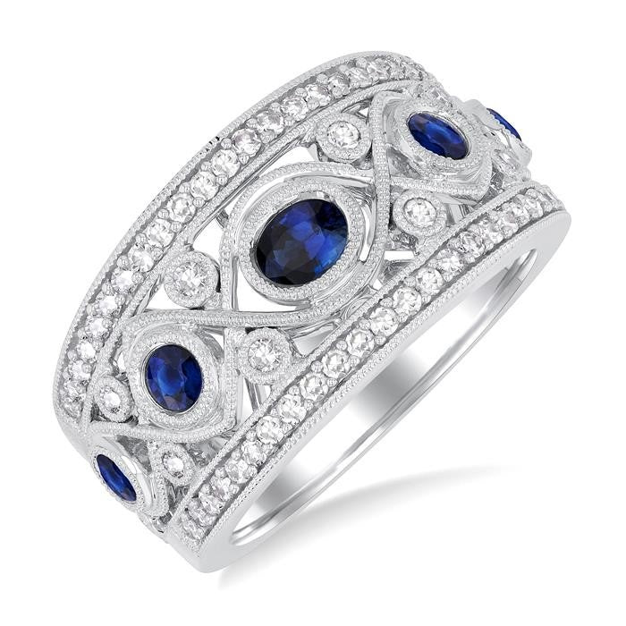 4x3 MM Oval, 2.8 MM and 2.4 MM Round Cut Sapphire and 3/8 Ctw Criss Cross Framework Round Cut Diamond Precious Band in 14K White Gold