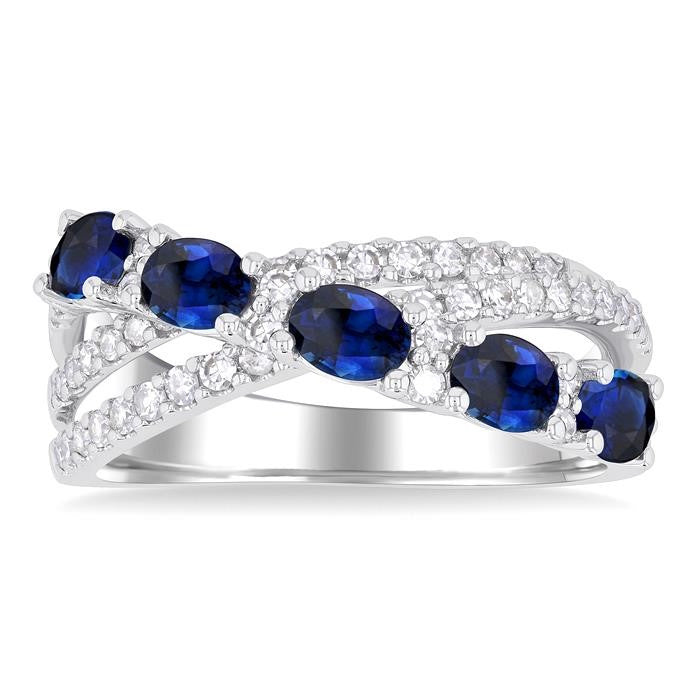 4X3 MM Oval Cut Sapphire and 1/2 Ctw Round Cut Diamond Split Criss Cross Precious Ring in 14K White Gold
