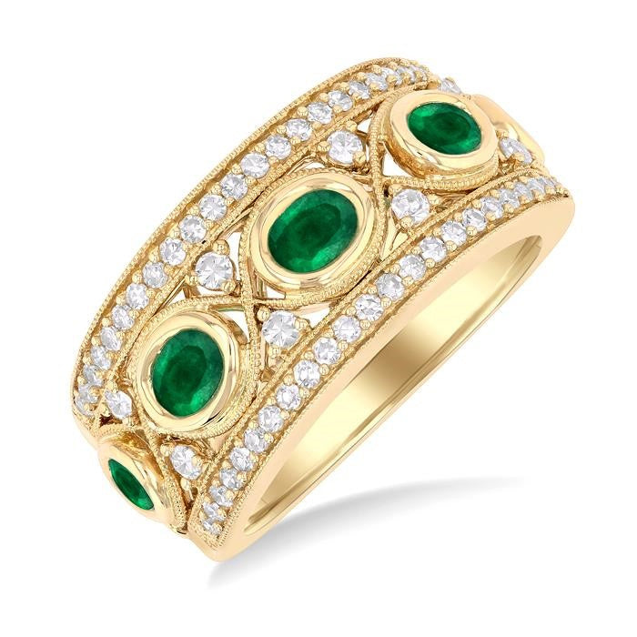 4x3 MM Oval and 2.8 MM Round Cut Emerald and 3/8 Ctw Curvy Criss Cross Round Cut Diamond Precious Band in 14K Yellow Gold