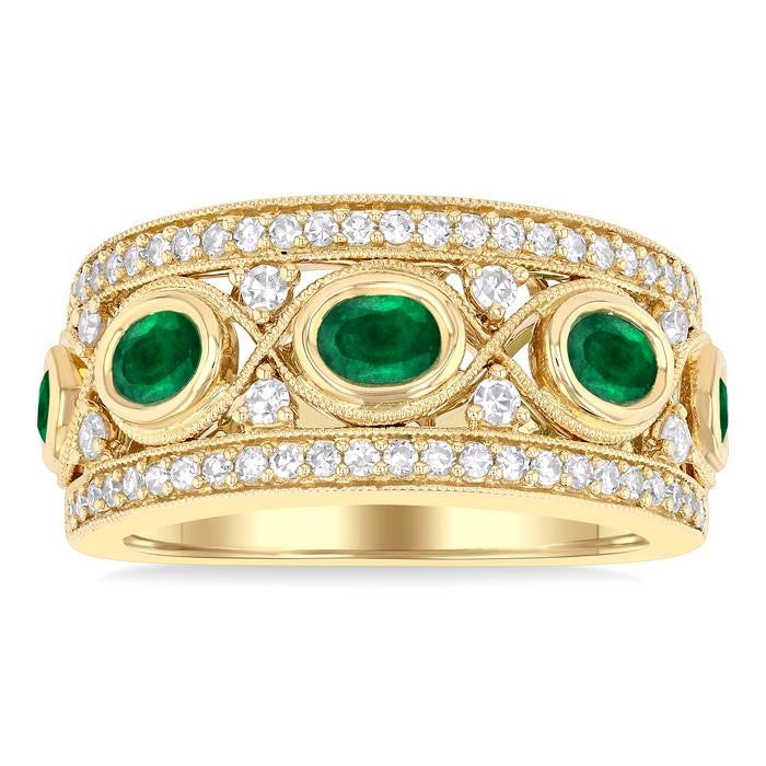 4x3 MM Oval and 2.8 MM Round Cut Emerald and 3/8 Ctw Curvy Criss Cross Round Cut Diamond Precious Band in 14K Yellow Gold