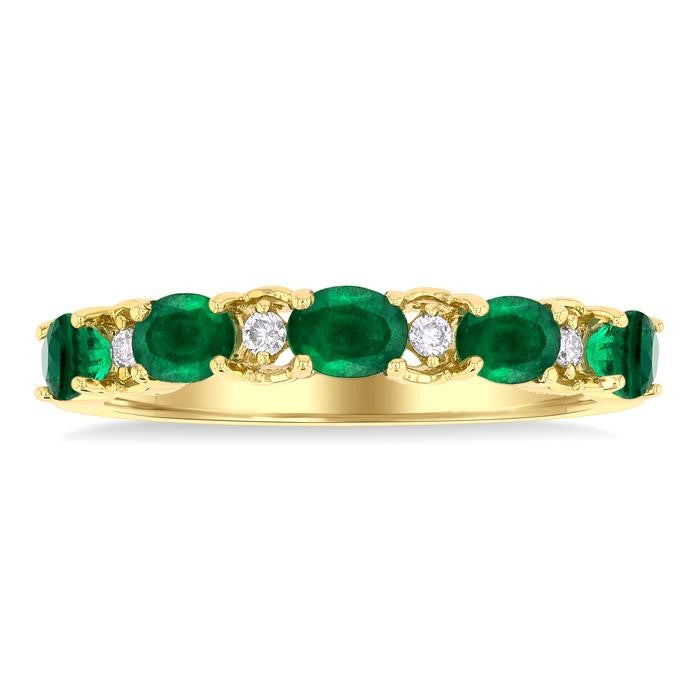 4x3 MM East-West Set Oval Cut Emerald and 1/20 Ctw Round Cut Diamond Precious Band in 14K Yellow Gold