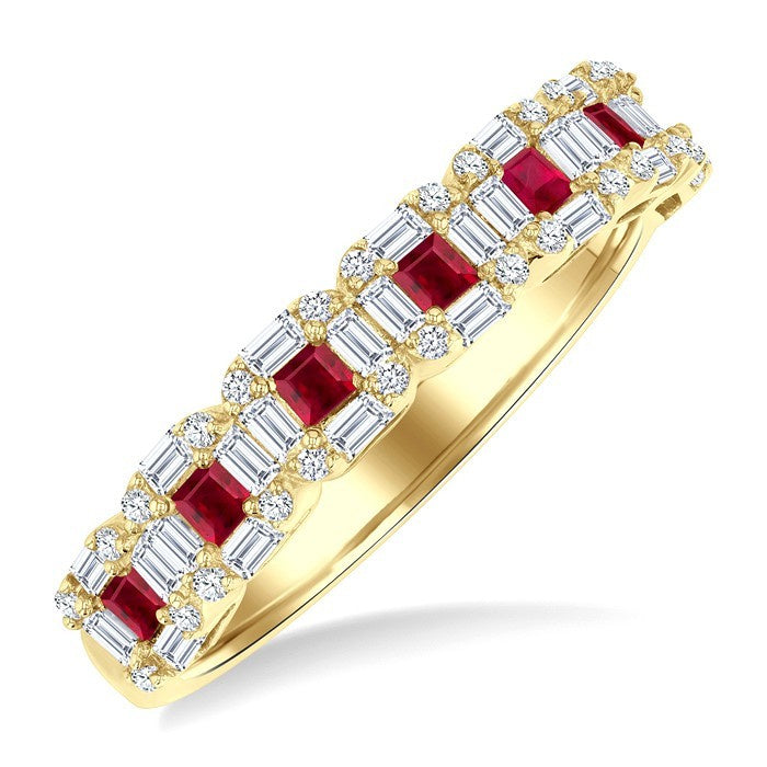 2 MM Princess Cut Ruby and 1/2 Ctw Baguette & Round Cut Diamond Precious Ring in 14K Yellow Gold