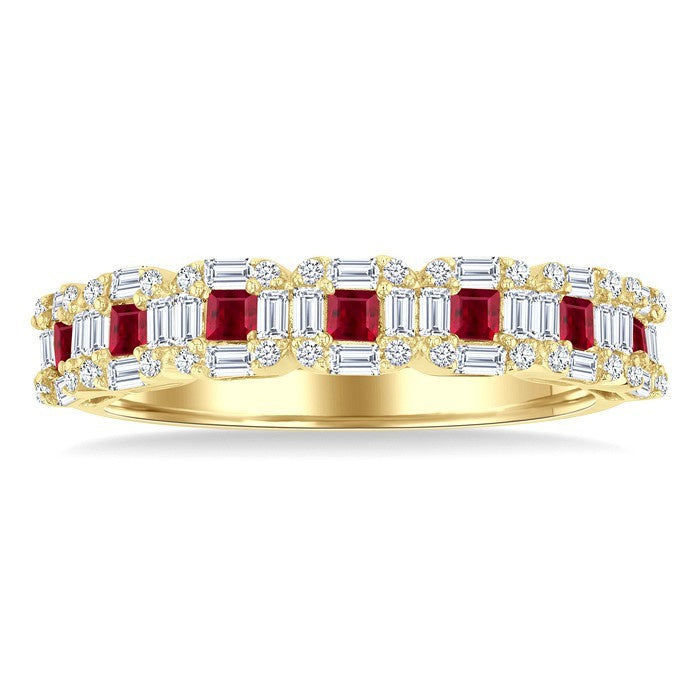 2 MM Princess Cut Ruby and 1/2 Ctw Baguette & Round Cut Diamond Precious Ring in 14K Yellow Gold