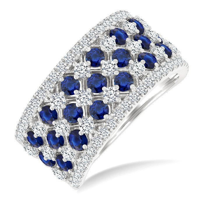 2.4 MM Fretwork Round Cut Sapphire and 1 1/3 Ctw Round Cut Diamond Precious Band in 14K White Gold