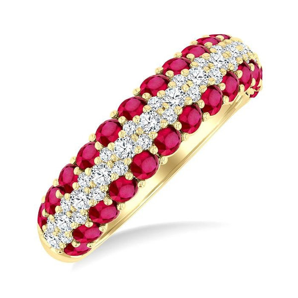 2.4 MM Center Border Round Shape Ruby and 1/2 Ctw Round Cut Diamond Precious Band in 14K Yellow Gold