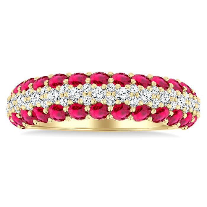 2.4 MM Center Border Round Shape Ruby and 1/2 Ctw Round Cut Diamond Precious Band in 14K Yellow Gold
