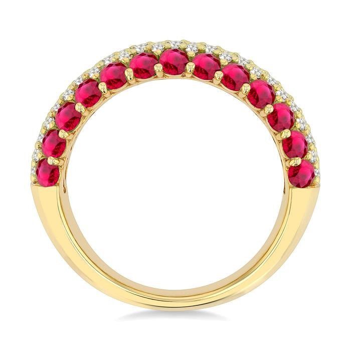 2.4 MM Center Border Round Shape Ruby and 1/2 Ctw Round Cut Diamond Precious Band in 14K Yellow Gold