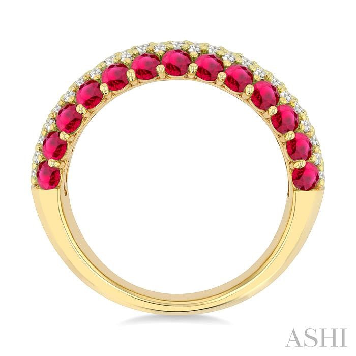 2.4 MM Center Border Round Shape Ruby and 1/2 Ctw Round Cut Diamond Precious Band in 14K Yellow Gold