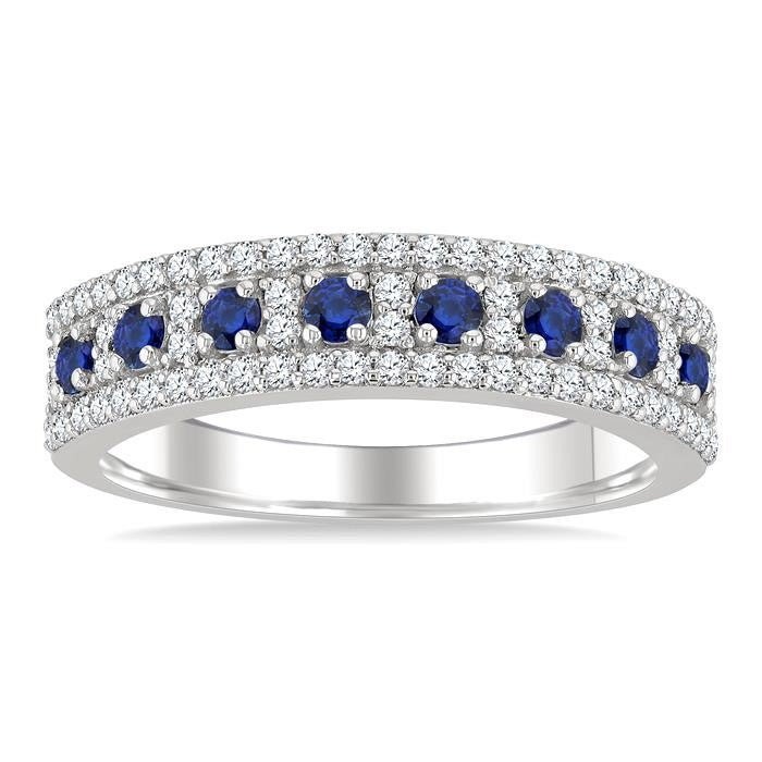 2 MM Round Shape Sapphire and 1/3 Ctw Round Cut Diamond Precious Fashion Band in 14K White Gold