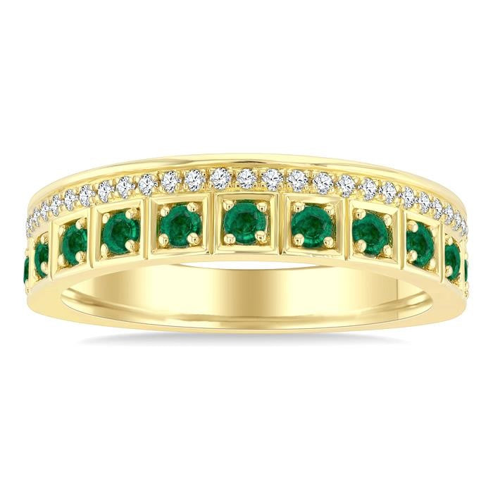 2 MM Round Shape Emerald and 1/6 Ctw Round Cut Diamond Precious Fashion Band in 10K Yellow Gold