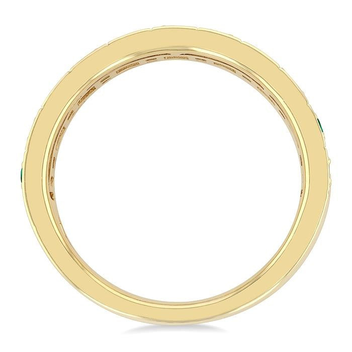 2 MM Round Shape Emerald and 1/6 Ctw Round Cut Diamond Precious Fashion Band in 10K Yellow Gold