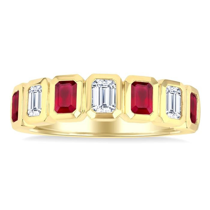 4X3 MM Octagon Shape Ruby and 5/8 Ctw Emerald Cut Diamond 7 Stone Bezel Set Precious Fashion Band in 14K Yellow Gold