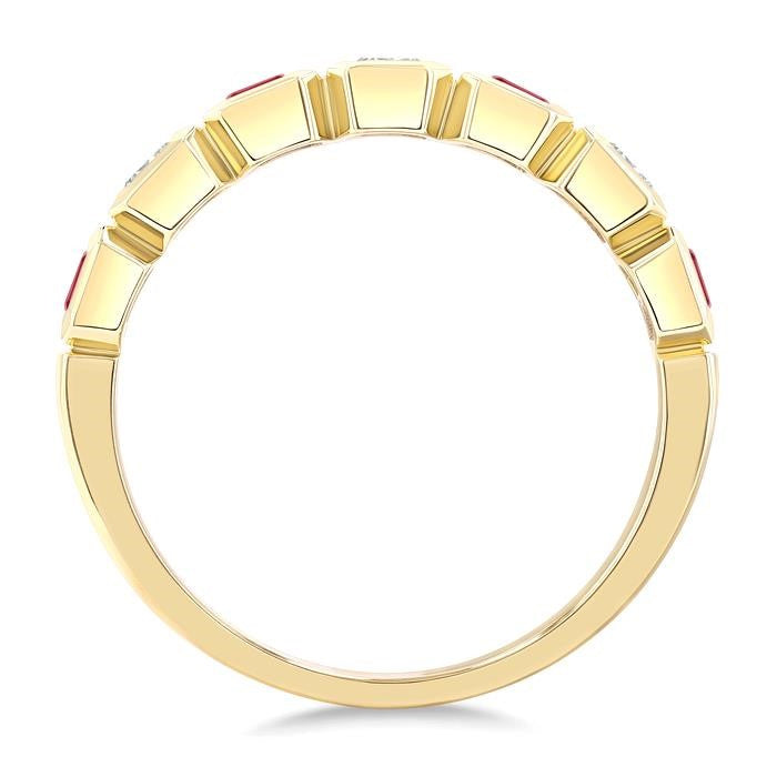 4X3 MM Octagon Shape Ruby and 5/8 Ctw Emerald Cut Diamond 7 Stone Bezel Set Precious Fashion Band in 14K Yellow Gold