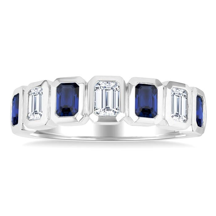 4X3 MM Octagon Shape Sapphire and 5/8 Ctw Emerald Cut Diamond 7 Stone Bezel Set Precious Fashion Band in 14K White Gold