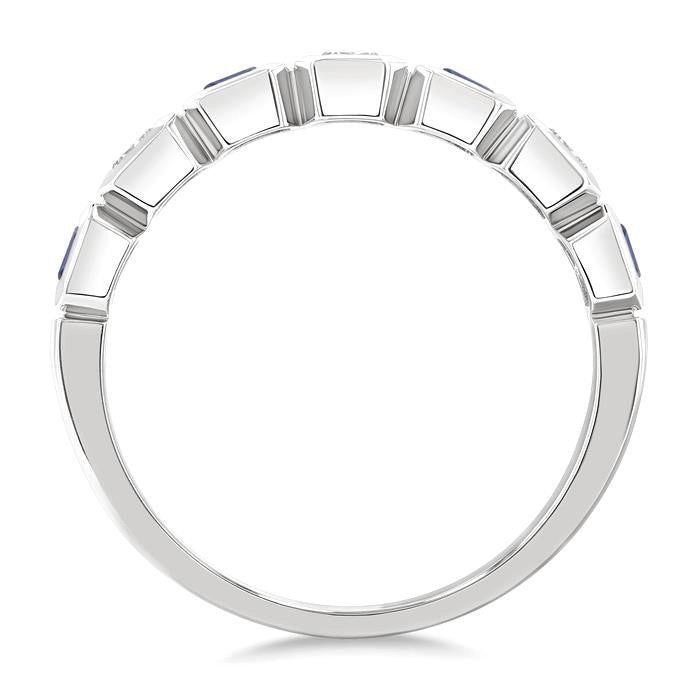 4X3 MM Octagon Shape Sapphire and 5/8 Ctw Emerald Cut Diamond 7 Stone Bezel Set Precious Fashion Band in 14K White Gold
