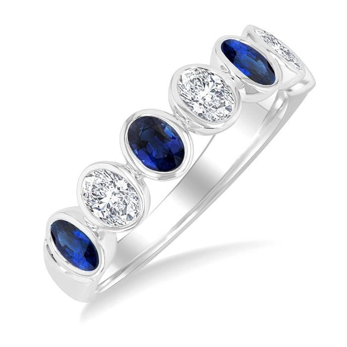 4X3 MM Oval Shape Sapphire and 1/2 Ctw Oval Cut Diamond 7 Stone Bezel Set Precious Fashion Band in 14K White Gold