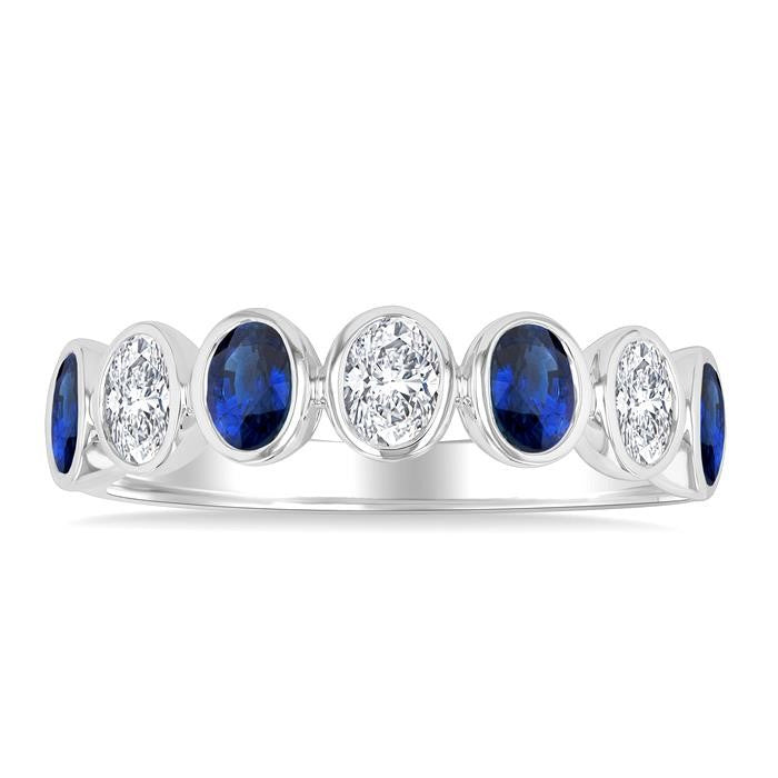 4X3 MM Oval Shape Sapphire and 1/2 Ctw Oval Cut Diamond 7 Stone Bezel Set Precious Fashion Band in 14K White Gold