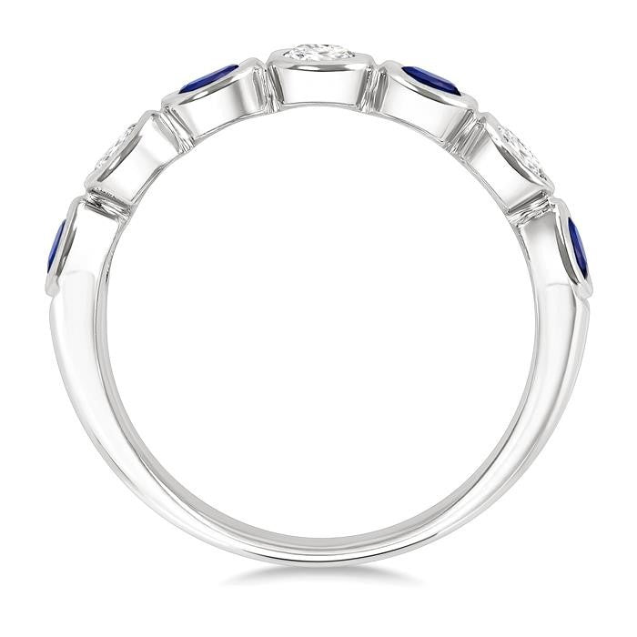 4X3 MM Oval Shape Sapphire and 1/2 Ctw Oval Cut Diamond 7 Stone Bezel Set Precious Fashion Band in 14K White Gold