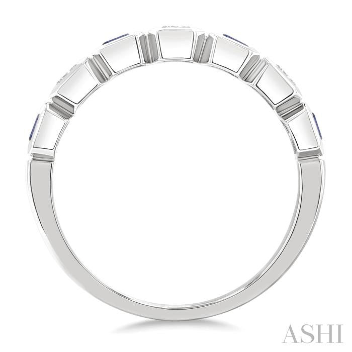 4X3 MM Octagon Shape Sapphire and 5/8 Ctw Emerald Cut Diamond 7 Stone Bezel Set Precious Fashion Band in 14K White Gold