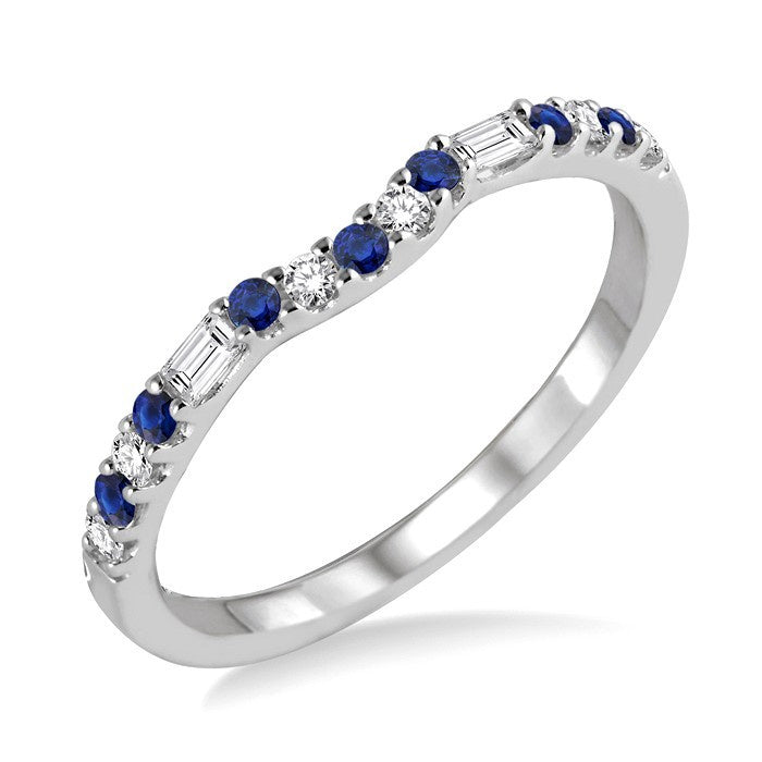 1.55 MM Round Shape Sapphire and 1/6 Ctw Baguette and Round Cut Diamond Precious Band in 14K White Gold