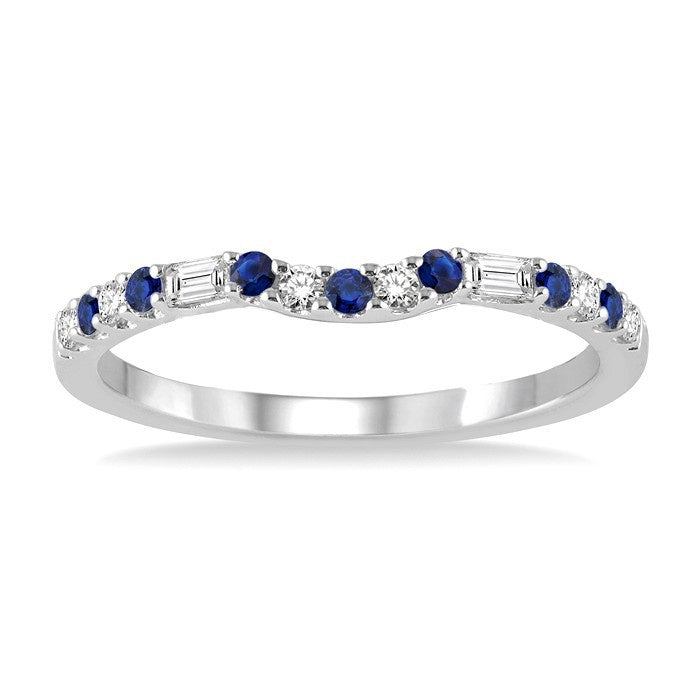 1.55 MM Round Shape Sapphire and 1/6 Ctw Baguette and Round Cut Diamond Precious Band in 14K White Gold