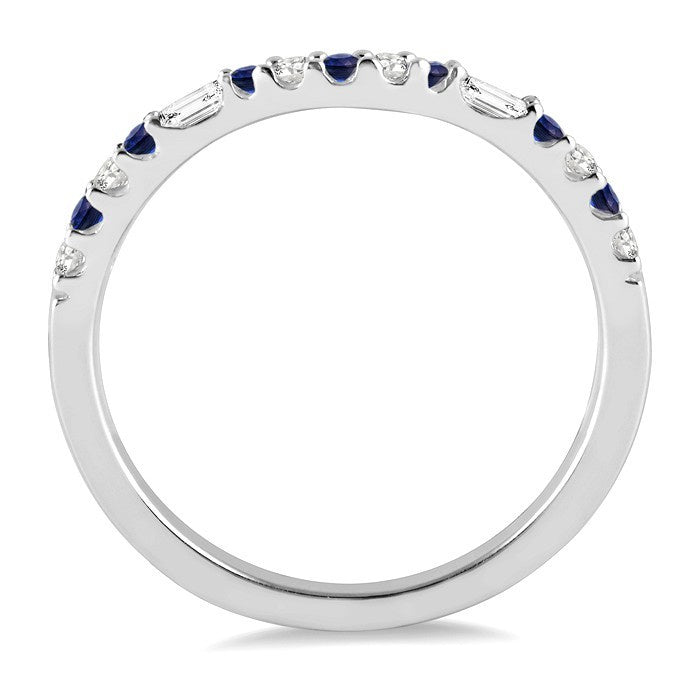 1.55 MM Round Shape Sapphire and 1/6 Ctw Baguette and Round Cut Diamond Precious Band in 14K White Gold