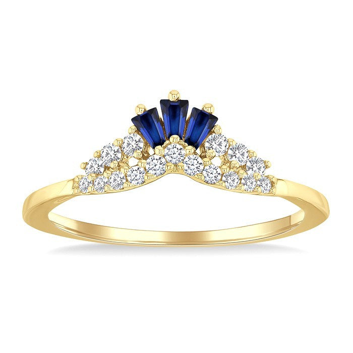 2.55X1.8 MM Octagon Shape Sapphire and 1/6 Ctw Chevron Round Cut Diamond Precious Ring in 14K Yellow Gold