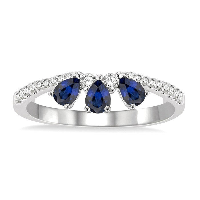 4X3 MM Pear Shape Sapphire and 1/5 Ctw Round Cut Diamond Precious Band in 14K White Gold