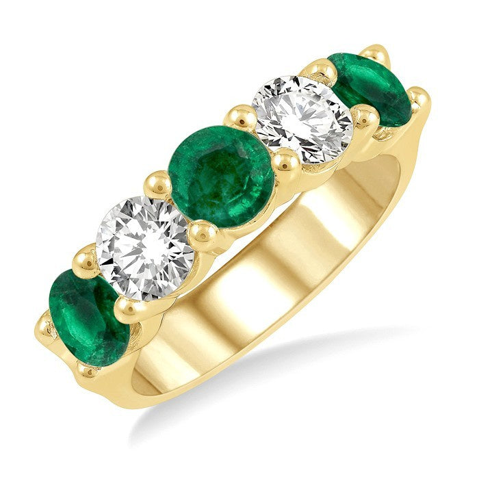 5 MM Round Shape Emerald and 1 Ctw Round Cut Diamond 5-Stone Precious Band in 14K Yellow Gold