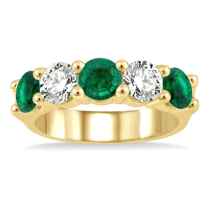 5 MM Round Shape Emerald and 1 Ctw Round Cut Diamond 5-Stone Precious Band in 14K Yellow Gold