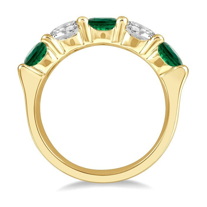 5 MM Round Shape Emerald and 1 Ctw Round Cut Diamond 5-Stone Precious Band in 14K Yellow Gold