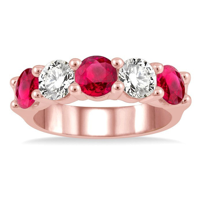 5 MM Round Shape Ruby and 1 Ctw Round Cut Diamond 5-Stone Precious Band in 14K Rose Gold