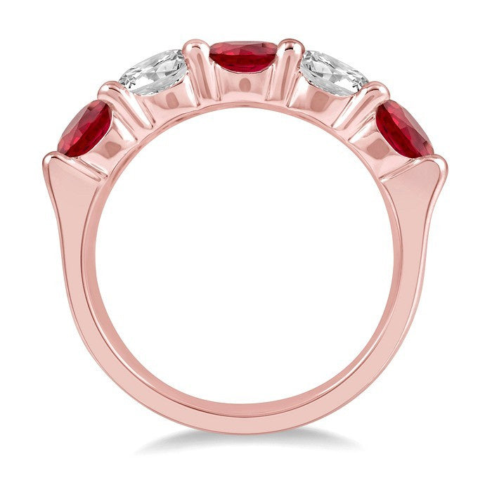 5 MM Round Shape Ruby and 1 Ctw Round Cut Diamond 5-Stone Precious Band in 14K Rose Gold