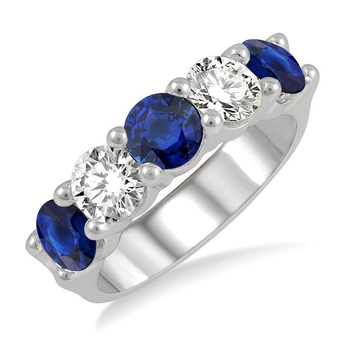 5 MM Round Shape Sapphire and 1 Ctw 5-Stone Round Cut Diamond Precious Band in 14K White Gold