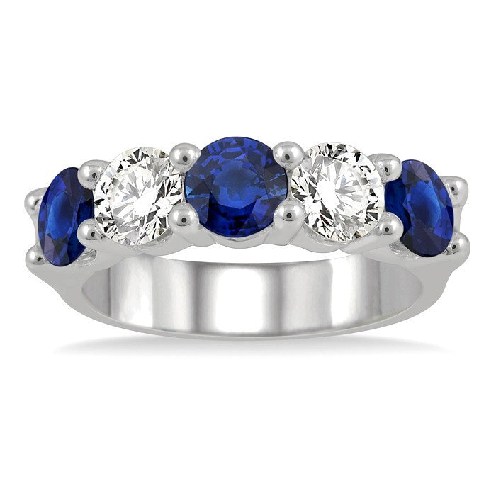 5 MM Round Shape Sapphire and 1 Ctw 5-Stone Round Cut Diamond Precious Band in 14K White Gold