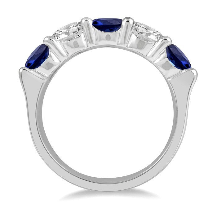 5 MM Round Shape Sapphire and 1 Ctw 5-Stone Round Cut Diamond Precious Band in 14K White Gold