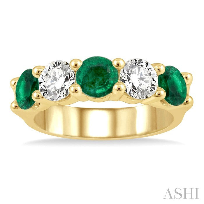 5 MM Round Shape Emerald and 1 Ctw Round Cut Diamond 5-Stone Precious Band in 14K Yellow Gold