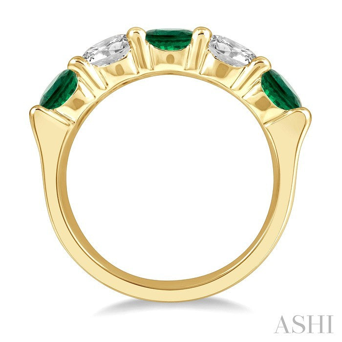 5 MM Round Shape Emerald and 1 Ctw Round Cut Diamond 5-Stone Precious Band in 14K Yellow Gold