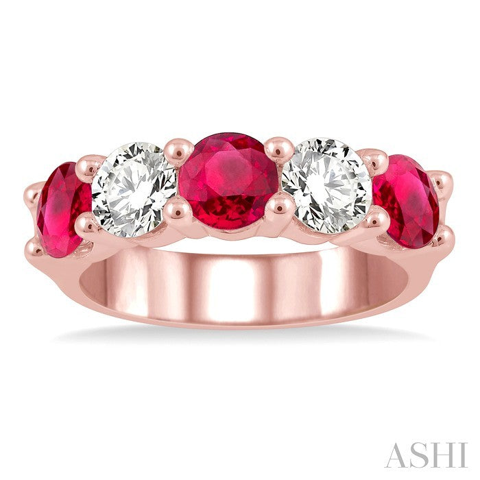 5 MM Round Shape Ruby and 1 Ctw Round Cut Diamond 5-Stone Precious Band in 14K Rose Gold
