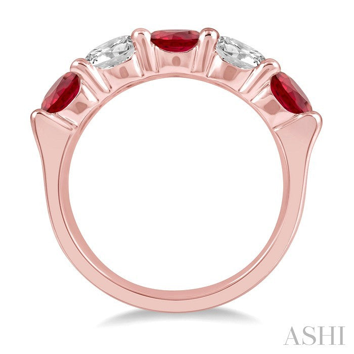 5 MM Round Shape Ruby and 1 Ctw Round Cut Diamond 5-Stone Precious Band in 14K Rose Gold