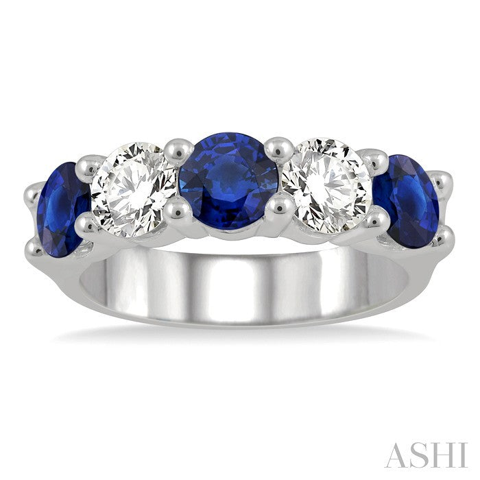 5 MM Round Shape Sapphire and 1 Ctw 5-Stone Round Cut Diamond Precious Band in 14K White Gold