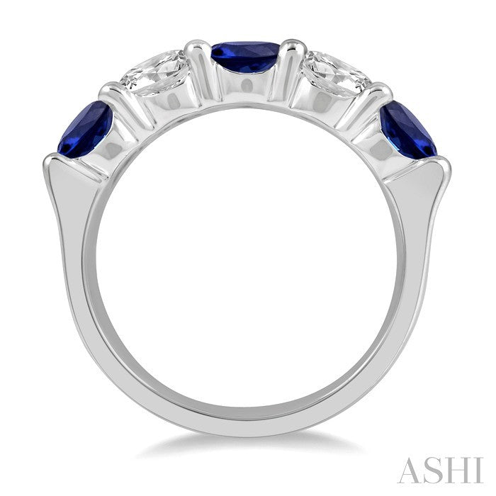 5 MM Round Shape Sapphire and 1 Ctw 5-Stone Round Cut Diamond Precious Band in 14K White Gold